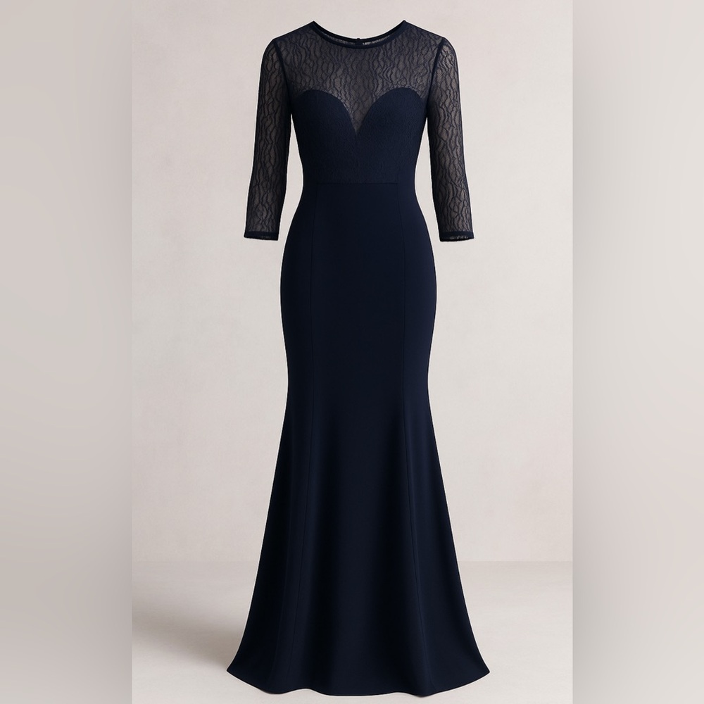 Betsy & Adam Elegant Navy Lace Sleeve Gown